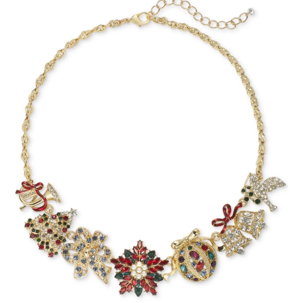 Holiday Lane Gold-Tone Multicolor Crystal & Imitation Pearl Yuletide Necklace.